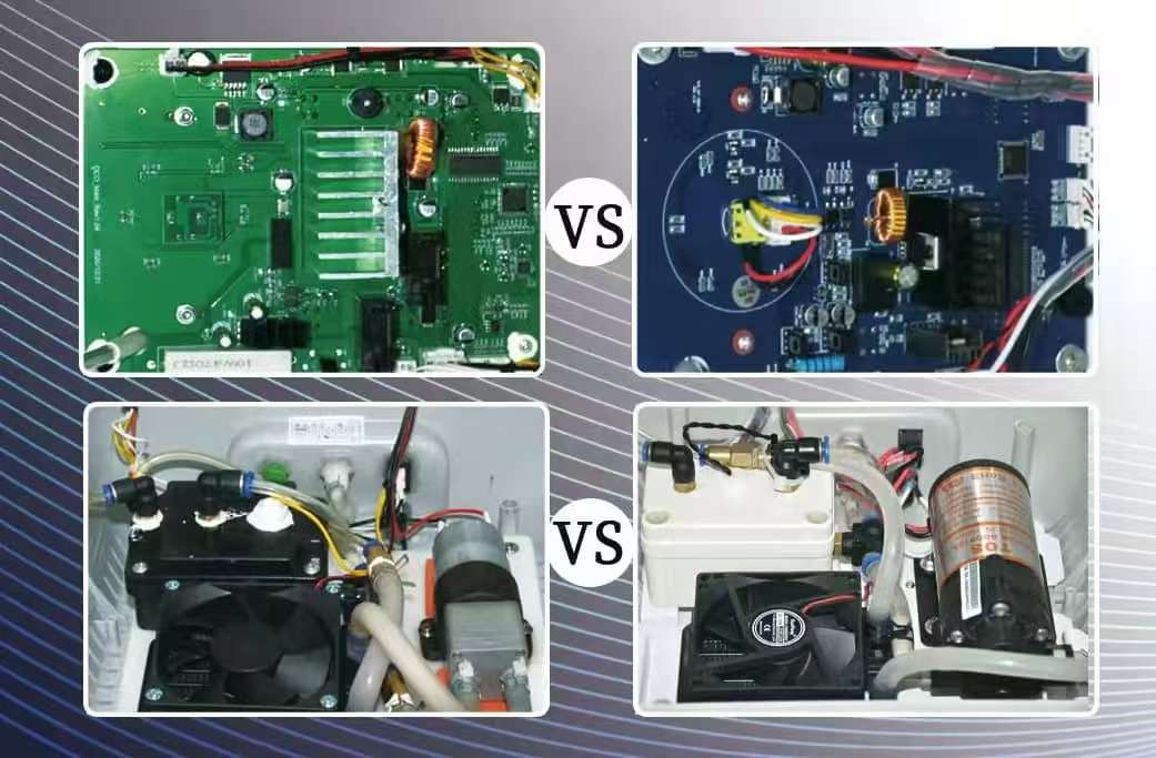Internal comparison of identical-looking aesthetic machines: PCBs and cooling systems differ significantly.